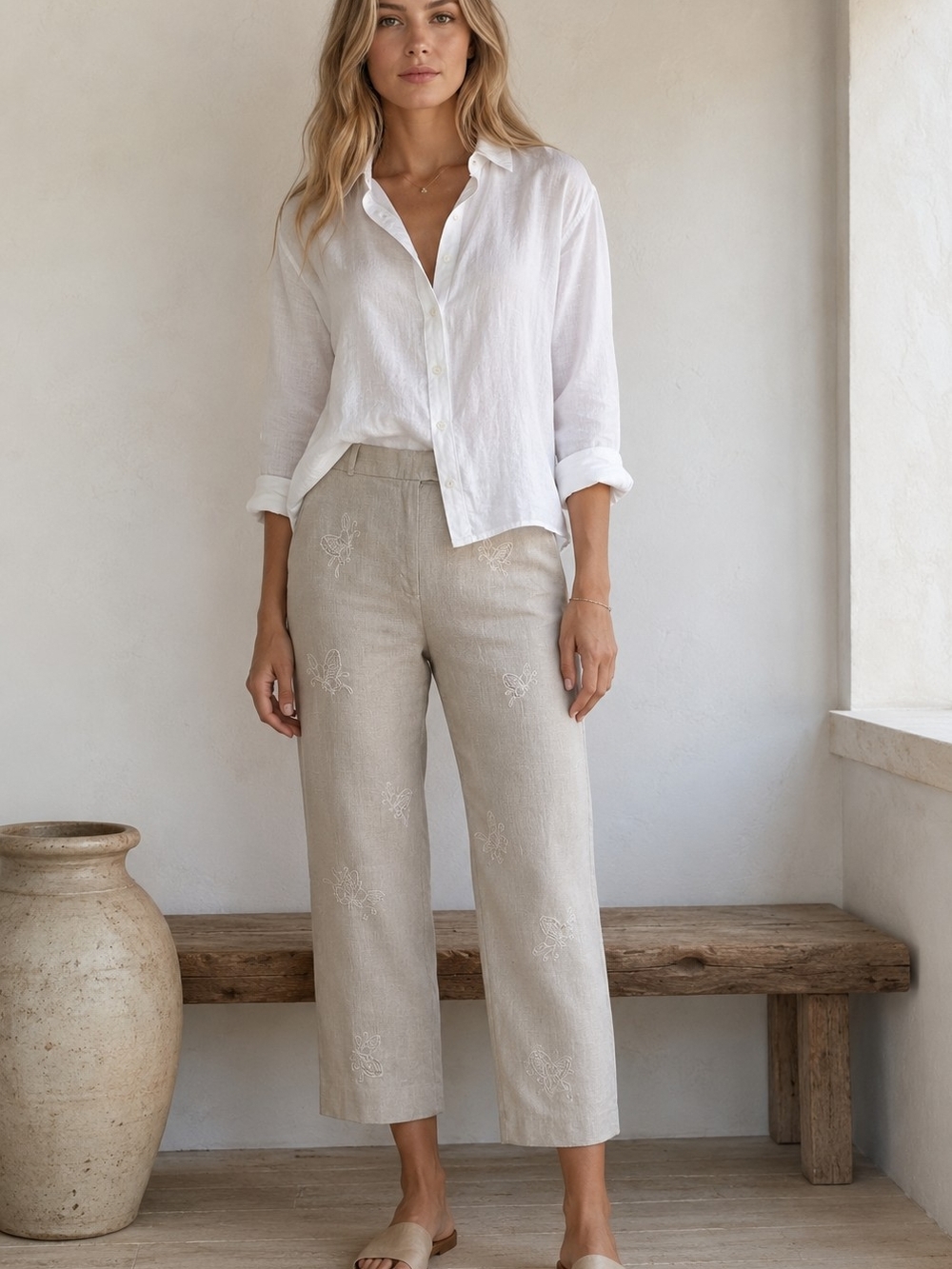 DEANE & WHITE 100% LINEN EMBROIDERED BUTTERFLY CROPPED PANTS SIZE 8 COASTAL GRAN